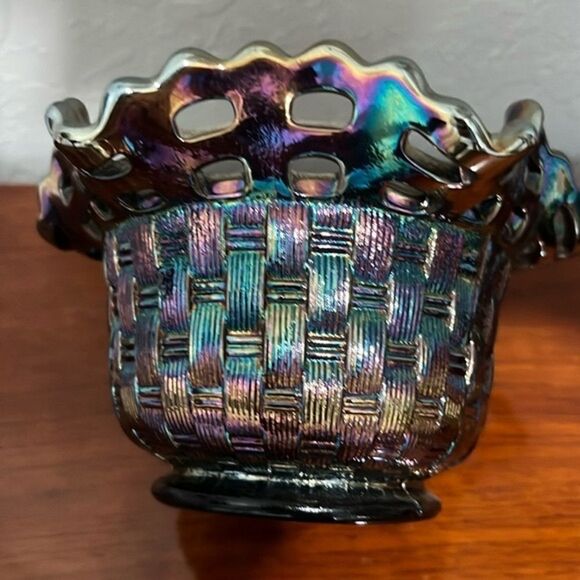 Fenton Iridescent Carnival Glass VTG Woven Basket Open work Rim Circa 1970-1985 - Picture 1 of 7